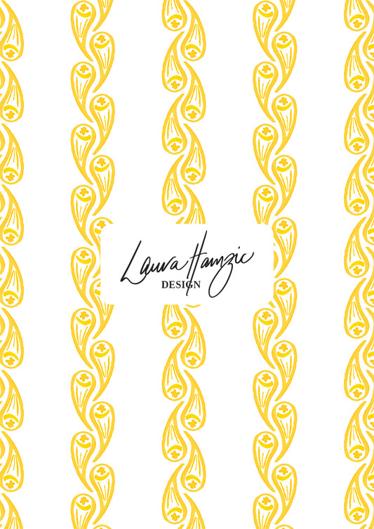 Yellow Droplet Drift watercolour stripe pattern, large scale, for textiles. Pattern design by Laura Hamzic, Australian Artist.