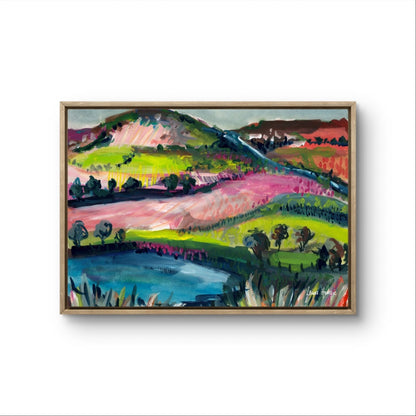 Watercolour art print of a whimsical, abstract landscape - Pink Rolling Hills, hand-painted by Laura Hamzic.