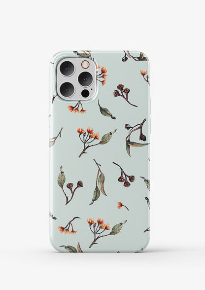 Phone case featuring Eucalypt Echo pattern on a mint backgrounf , flowing eucalyptus elements spaced widely for dramatic impact on wallpaper or large fabric prints.