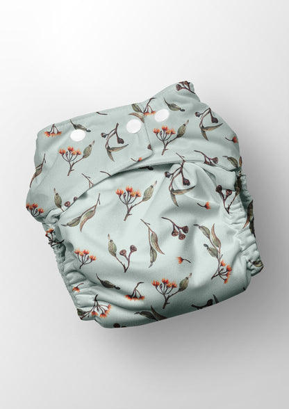 Reusable baby nappy featuring floral pattern design by Laura Hamzic - Eucalypt Echo