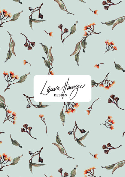Eucalypt Echo (Mint) in medium scale , balanced spacing of falling leaves, blossoms, and gumnuts suitable for apparel, textiles, and soft furnishings.