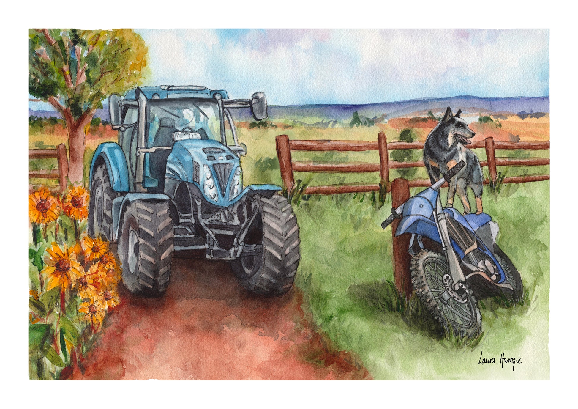 Art print of a Whimsical farm scene with a tractor, motorbike, dog, and sunflowers - hand-painted artwork by Laura Hamzic for a child's bedroom.