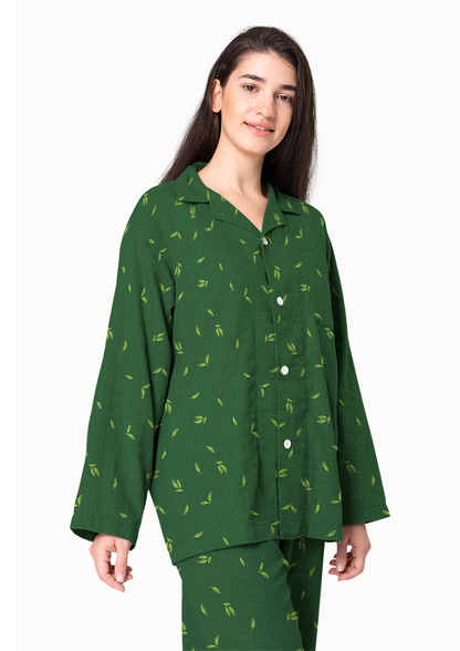 Women's pajamas mockup with the Falling Leaves (Green) pattern by Laura Hamzic, Australian surface pattern designer