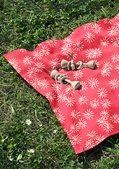 Muslin featuring Flicker Flower Australian botanical pattern – eucalyptus blossoms drawn in coloured pencil, bursting with movement, joyful fabric for apparel and homewares.