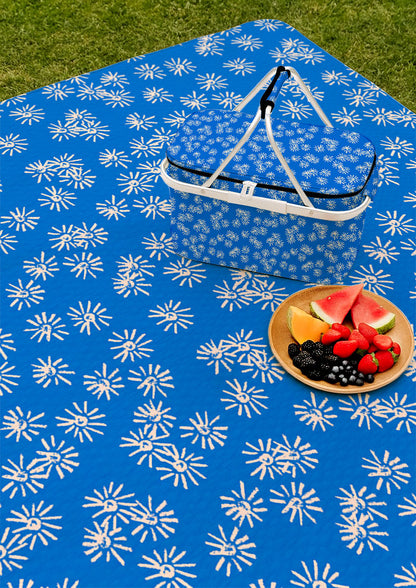 Picnic mat with Flicker Flower eucalyptus blossom surface pattern – playful coloured pencil florals inspired by Australian botanicals, joyful outdoor textile design