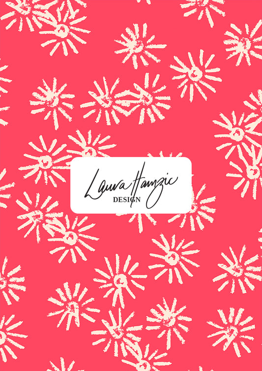 Flicker Flower surface pattern – inspired by blooming eucalyptus blossoms, bursting with light and movement. Loosely hand-drawn in coloured pencil for a joyful, spontaneous look. Australian botanical pattern design perfect for dresses, summer apparel, accessories, and homewares.