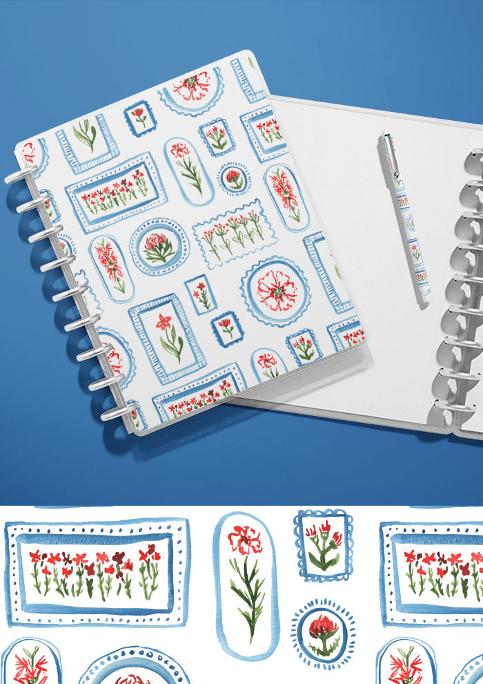 A journal with a watercolour pattern on the cover featuring Flower Frames artwork by Laura Hamzic Brisbane Surface Pattern Designer