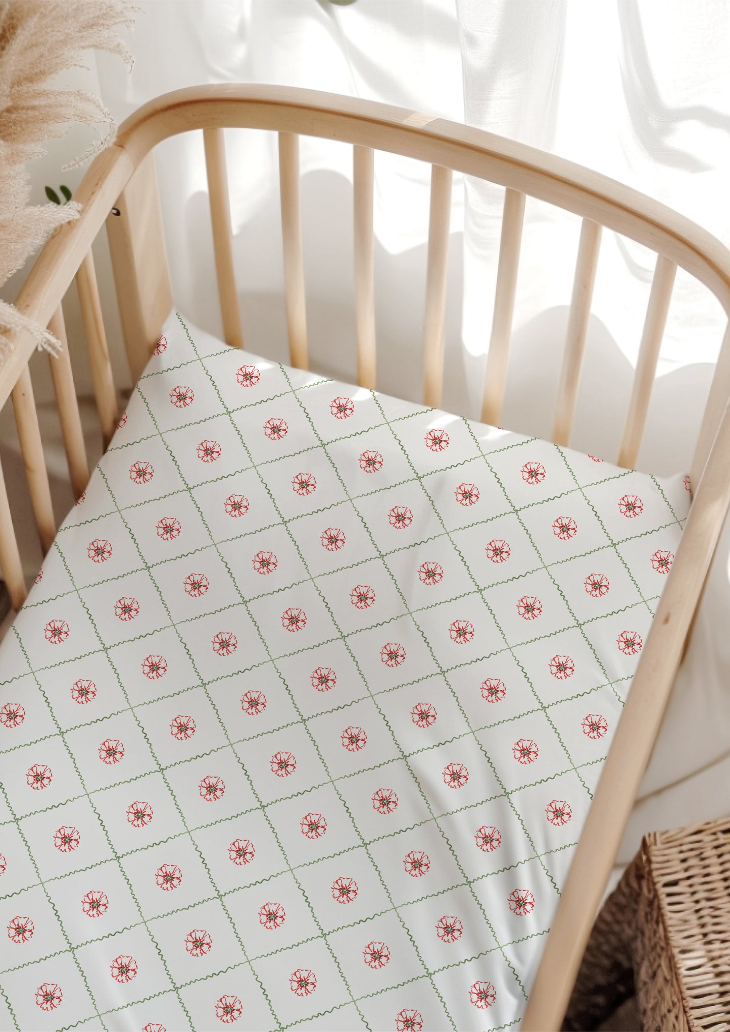 A delicate watercolour pattern for cot sheets featuring flowers in a diamond check by Laura Hamzic Brisbane Surface Pattern Designer – Nursery Décor pattern for licensing