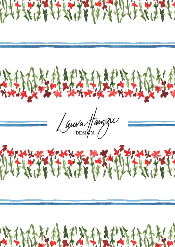 Horizontal stripes bloom into wildflower meadows. A bright spring watercolour design by Australian artist Laura Hamzic, available for licensing.