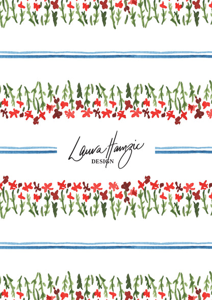 Horizontal stripes bloom into wildflower meadows. A bright spring watercolour design by Australian artist Laura Hamzic, available for licensing.