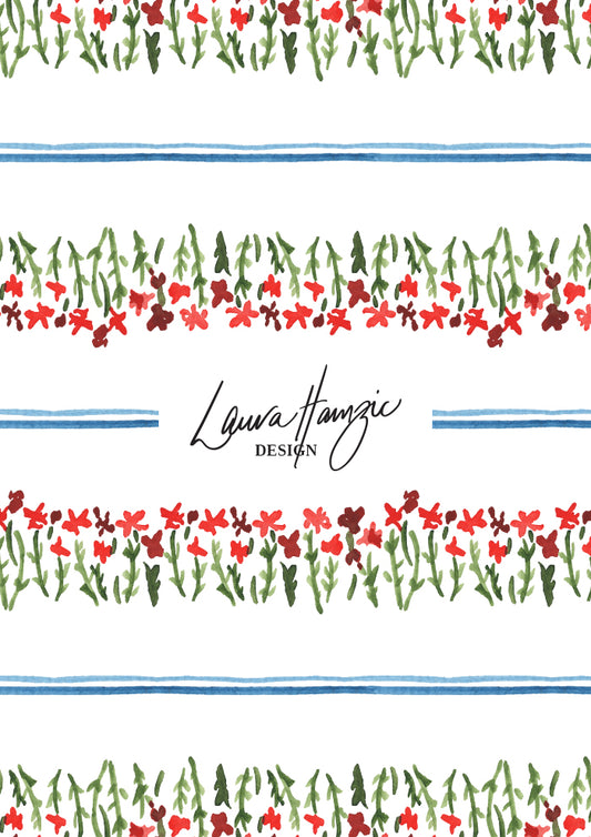 Horizontal stripes bloom into wildflower meadows. A bright spring watercolour design by Australian artist Laura Hamzic, available for licensing.
