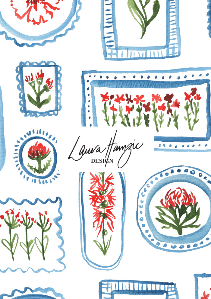 Watercolour flowers in frames in red, green and blue pattern by Australian Artist and Surface Pattern Designer Laura Hamzic – Flower Frames 
