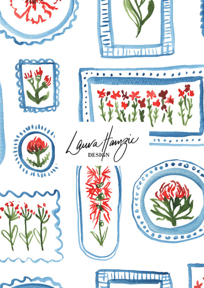 Watercolour flowers in frames in red, green and blue pattern by Australian Artist and Surface Pattern Designer Laura Hamzic – Flower Frames 