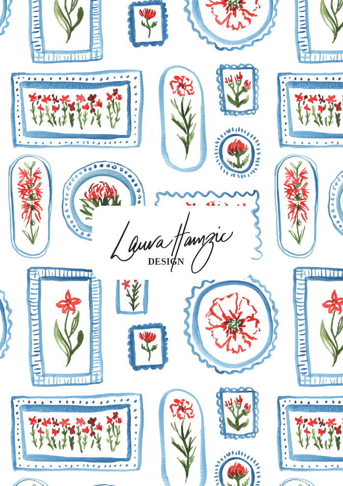 A playful watercolour pattern featuring flowers in frames in red, green and blue by Laura Hamzic Australian Surface Pattern Designer