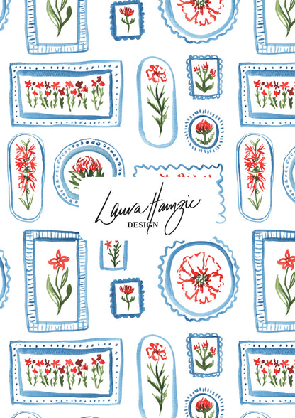 A playful watercolour pattern featuring flowers in frames in red, green and blue by Laura Hamzic Australian Surface Pattern Designer