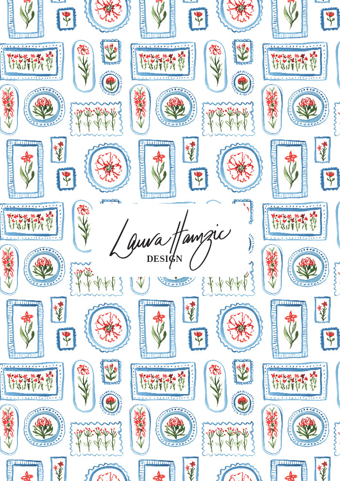 A playful watercolour pattern featuring flowers in frames in red, green and blue by Laura Hamzic Australian Surface Pattern Designer