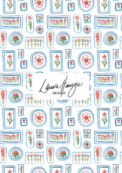 A playful watercolour pattern featuring flowers in frames in red, green and blue by Laura Hamzic Australian Surface Pattern Designer
