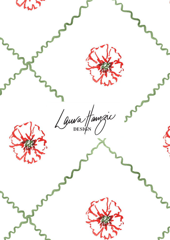 Watercolour flowers in a diamond check pattern by Australian Artist and Surface Pattern Designer Laura Hamzic – Flower Trellis 