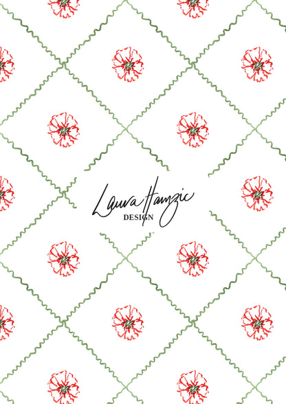 Patterned design with red floral elements and green zigzag lines on a white background, by Artist Laura Hamzic
