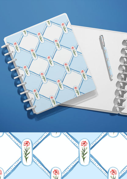 A journal with a watercolour pattern on the cover featuring flowers in a diamond check artwork by Laura Hamzic Brisbane Surface Pattern Designer