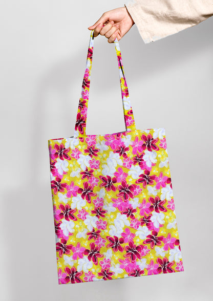 Fun energetic Garden Party Pattern Design by Laura Hamzic - Australian Artist - mocked up on a shopping bag