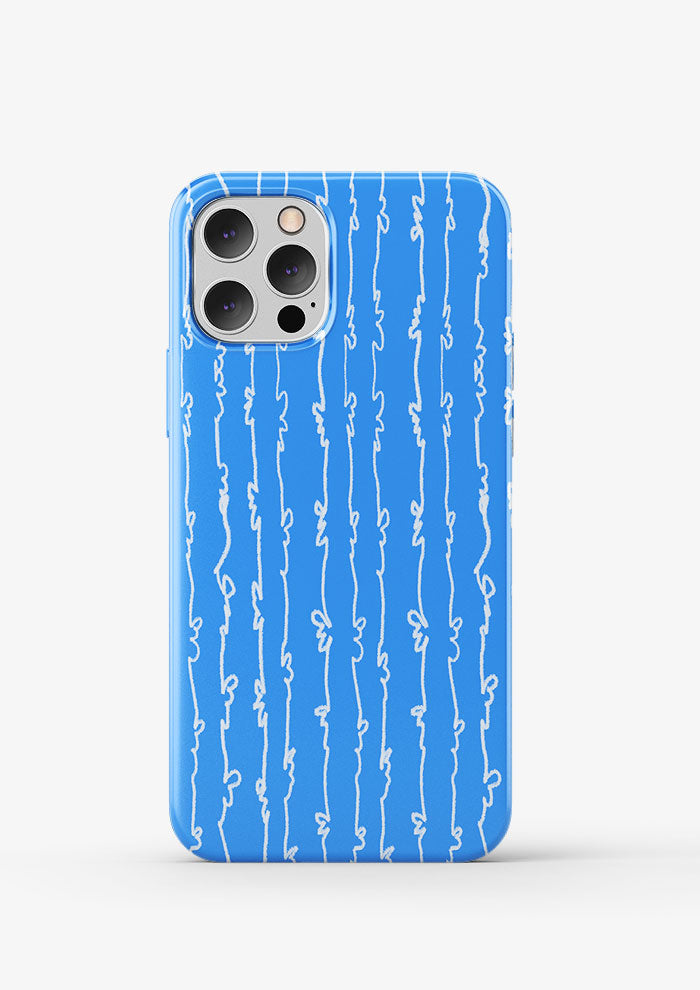 White on Blue Garden Squiggle pattern by Australian surface pattern designer Laura Hamzic mocked up on a phone case