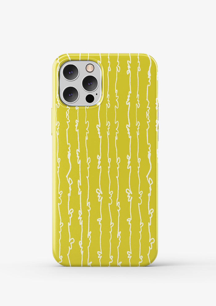 White on Yellow Garden Squiggle pattern by Australian surface pattern designer Laura Hamzic mocked up on a phone case