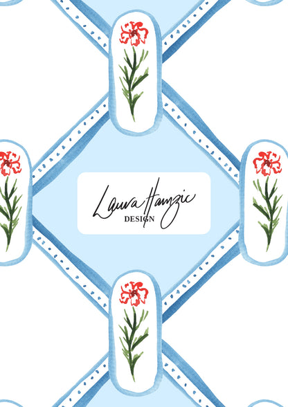 Watercolour flowers in a diamond check pattern by Australian Artist and Surface Pattern Designer Laura Hamzic – Garden Lattice 