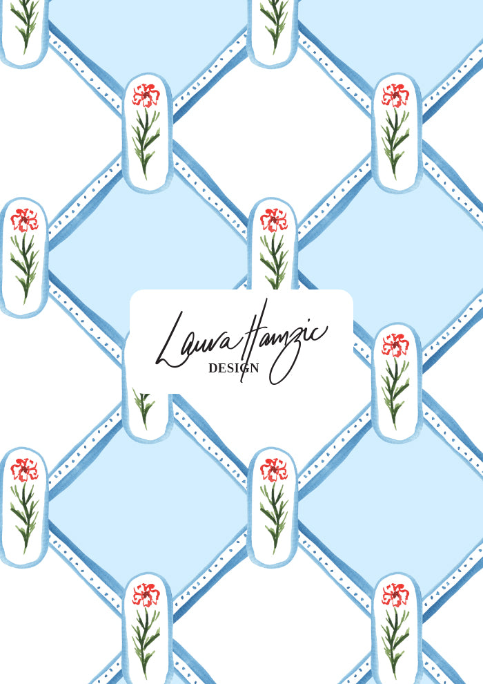 Watercolour flowers in a diamond check pattern by Australian Artist and Surface Pattern Designer Laura Hamzic – Garden Lattice 