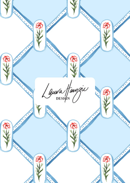 Watercolour flowers in a diamond check pattern by Australian Artist and Surface Pattern Designer Laura Hamzic – Garden Lattice 