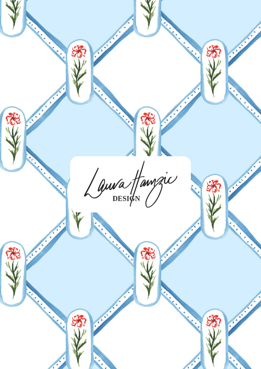 Watercolour flowers in a diamond check pattern by Australian Artist and Surface Pattern Designer Laura Hamzic – Garden Lattice 