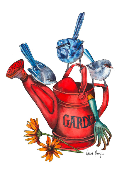 Watercolour art print of a wren family playing in a red garden watering can, hand-painted by Laura Hamzic.