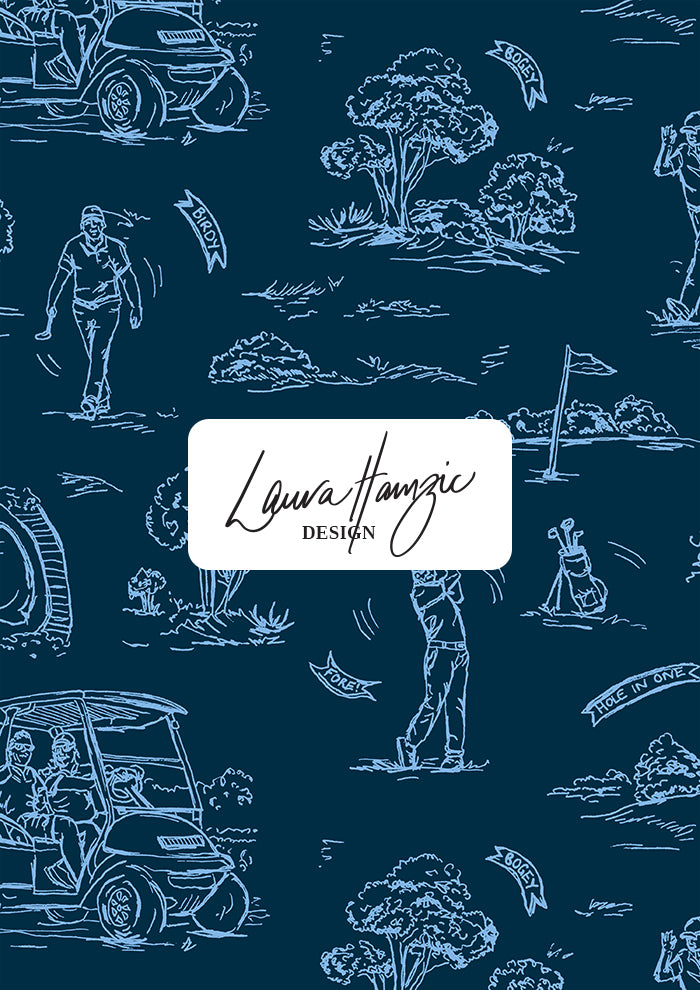 Golf-themed design with people, golf carts, and trees on a blue background pattern design by Australia Surface Pattern Designer Laura Hamzic