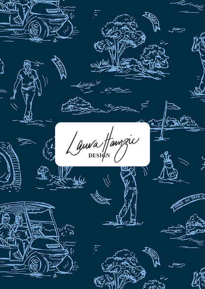 Golf-themed design with people, golf carts, and trees on a blue background pattern design by Australia Surface Pattern Designer Laura Hamzic