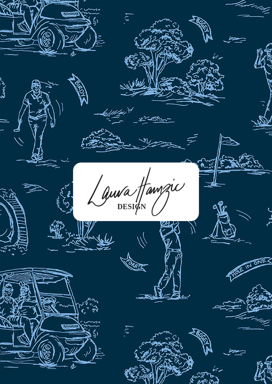 Golf-themed design with people, golf carts, and trees on a blue background pattern design by Australia Surface Pattern Designer Laura Hamzic