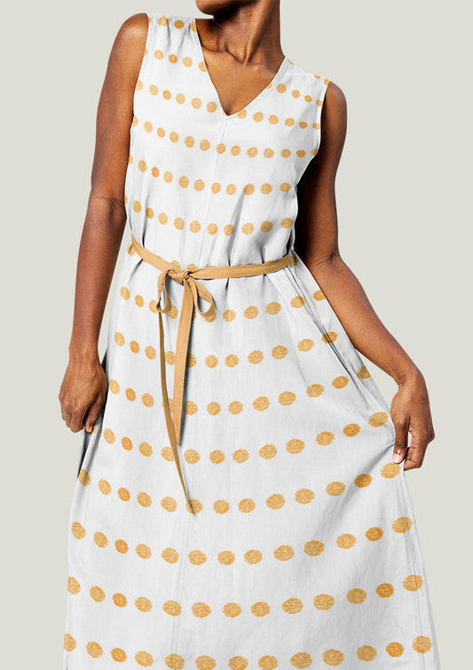 Dress mockup featuring the Grandma's Buttons pattern by Laura Hamzic, Australian surface pattern designer