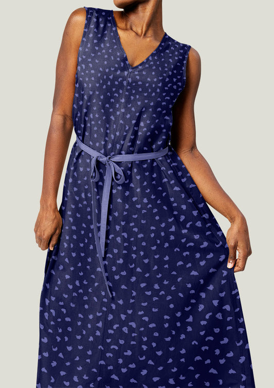 Dress featuring Gumnut speckle pattern design by Laura Hamzic - Blue on Navy Colourway
