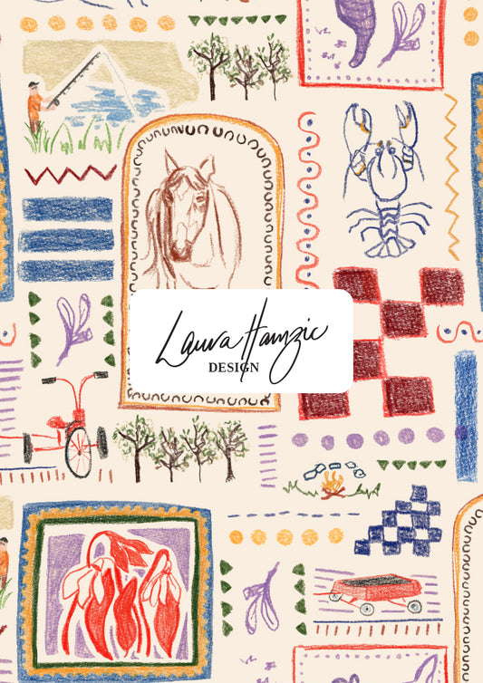 Surface pattern design library with original repeat patterns available for licensing by Australian designer Laura Hamzic - Homegrown Days pattern featuring nostalgic country inspired motifs