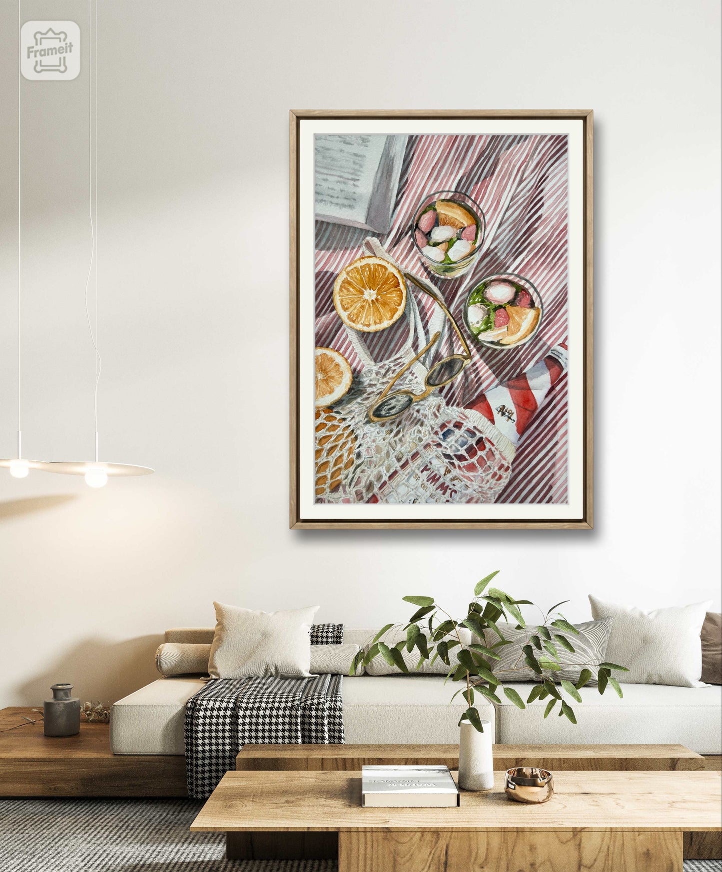 Watercolour art print of a fun beach day - pimms cocktails on a beach blanket and a book, hand-painted by Laura Hamzic.