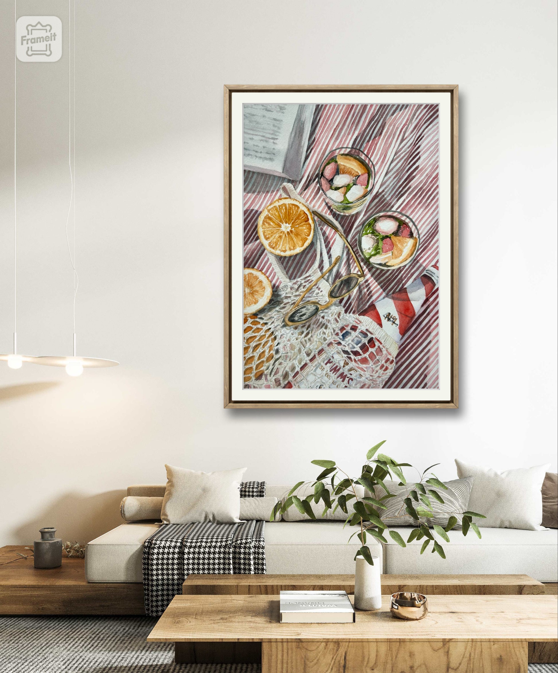 Watercolour art print of a fun beach day - pimms cocktails on a beach blanket and a book, hand-painted by Laura Hamzic.