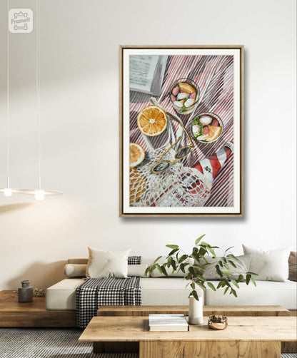 Watercolour art print of a fun beach day - pimms cocktails on a beach blanket and a book, hand-painted by Laura Hamzic.