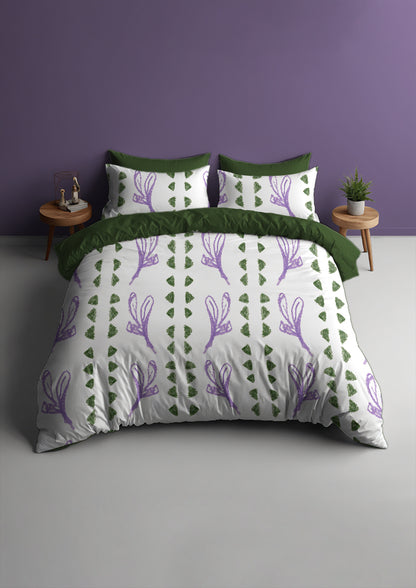 Bed mockup featuring the Jacaranda Path pattern by Laura Hamzic, Australian surface pattern designer