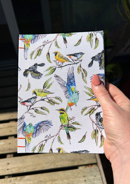 Hand-bound art journal with Table Talk Australian bird cover by Brisbane artist Laura Hamzic