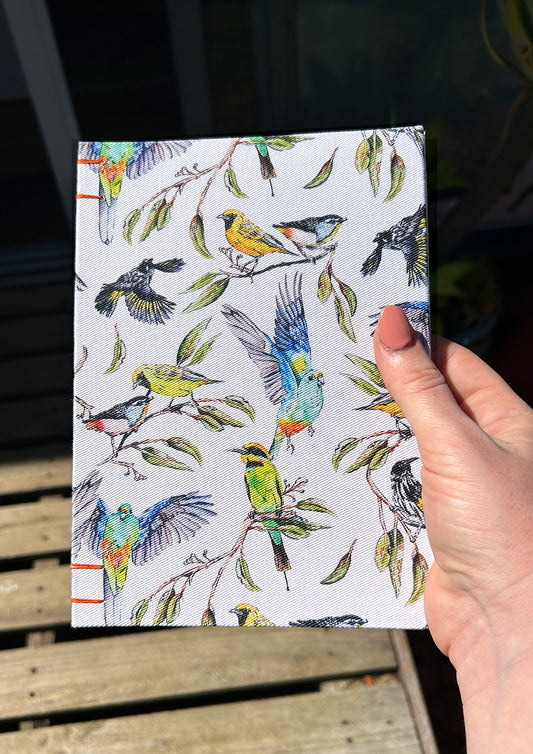 Hand-bound art journal with Table Talk Australian bird cover by Brisbane artist Laura Hamzic