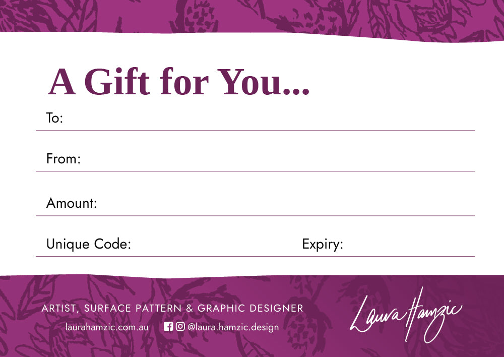 Laura Hamzic Design Gift Voucher - Brisbane artist, illustrator, and surface pattern designer specialising in custom artwork and vibrant prints
