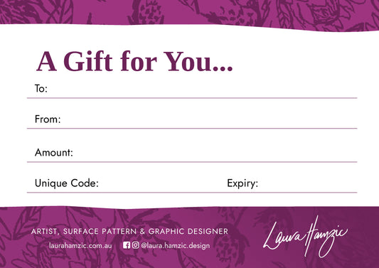 Laura Hamzic Design Gift Voucher - Brisbane artist, illustrator, and surface pattern designer specialising in custom artwork and vibrant prints