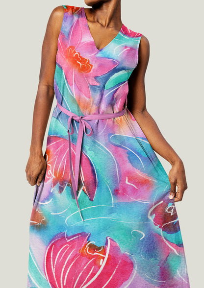 Dress featuring Lily Lover pattern, bold, painterly water lilies in pink, teal, lilac, and yellow with soft white detailing, creating a striking design