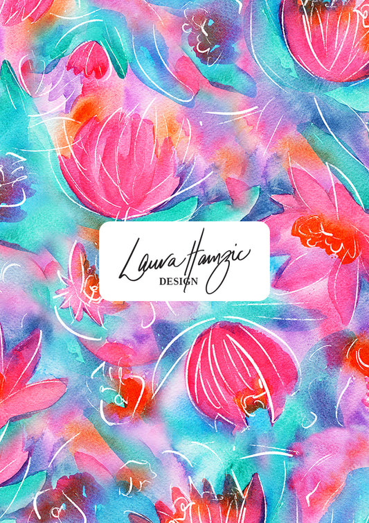 Large-scale Lily Lover pattern, bold, painterly water lilies in pink, teal, lilac, and yellow with soft white detailing, creating a striking design