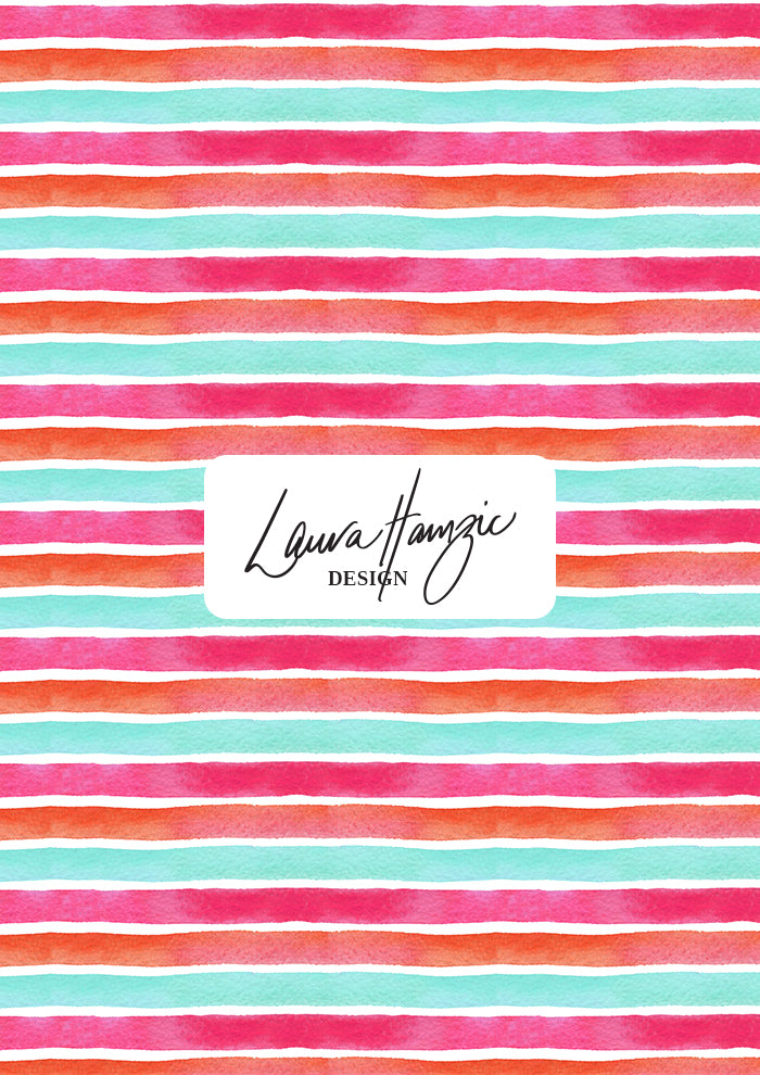 Lovers Stripe at small scale, tightly packed bold watercolour stripes in a vibrant coastal palette, creating an energetic and fun vibe.
