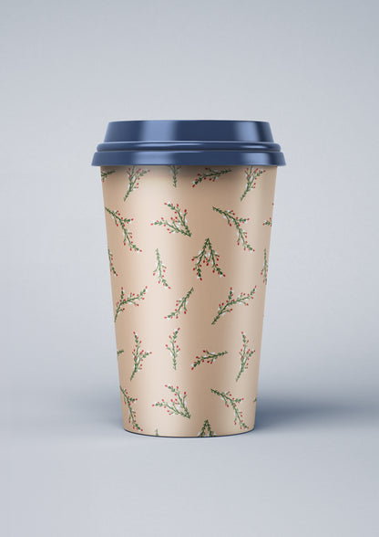 Coffee cup mockup featuring the Mock Orange Berries (Beige) pattern by Laura Hamzic, Australian surface pattern designer